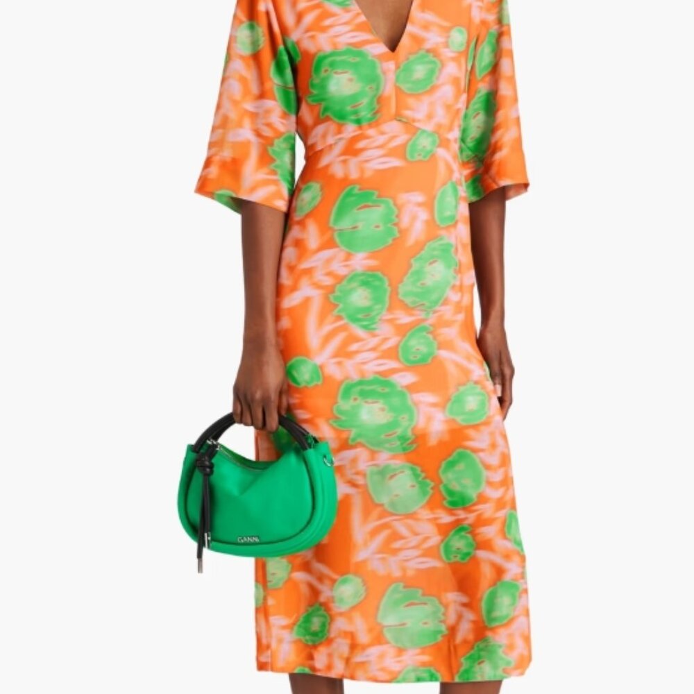 NWT GANNI Dress Ganni Floral Orange/Green Print V-neck Midi Dress XS $276